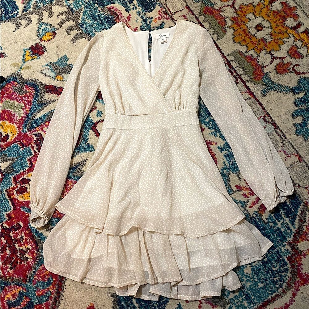 Japna Animal Print Tan and White Ruffle Long Sleeve Mini Dress